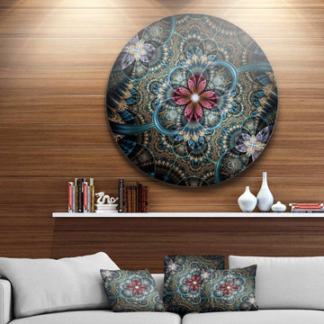 Dark Purple Fractal Flower - Floral Metal Circle Wall Art